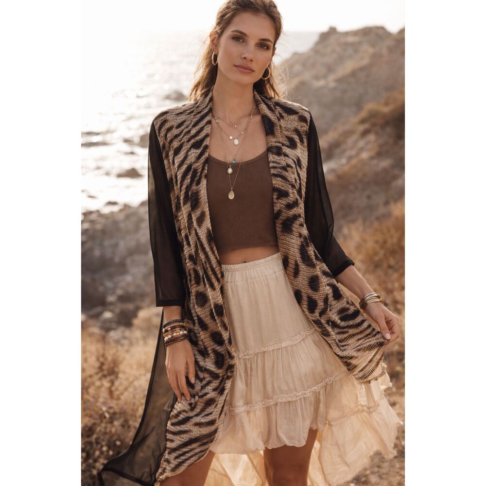 Chico’s Travelers Leopard Print Open Front Duster Cardigan Sheer Mesh Size  XL